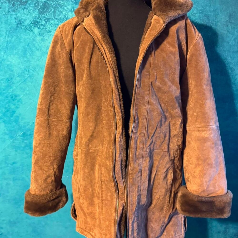 90s Vintage Suede Leather Jacket Faux Shearling Lined Coat